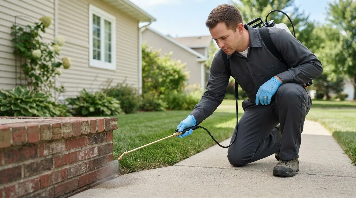 Pest control technician treating a home near Gower, MO