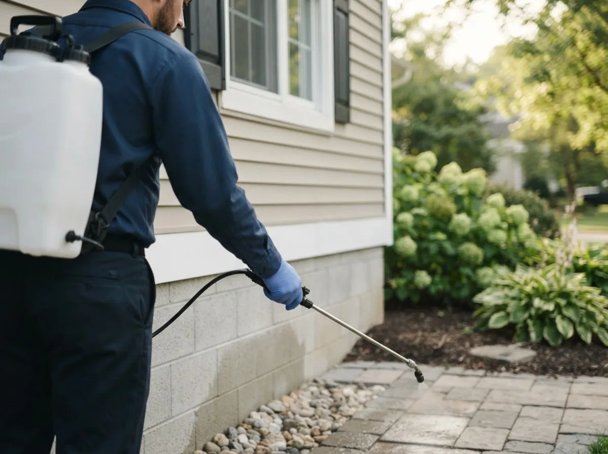 Pest control technician inspecting a home in Gower, MO